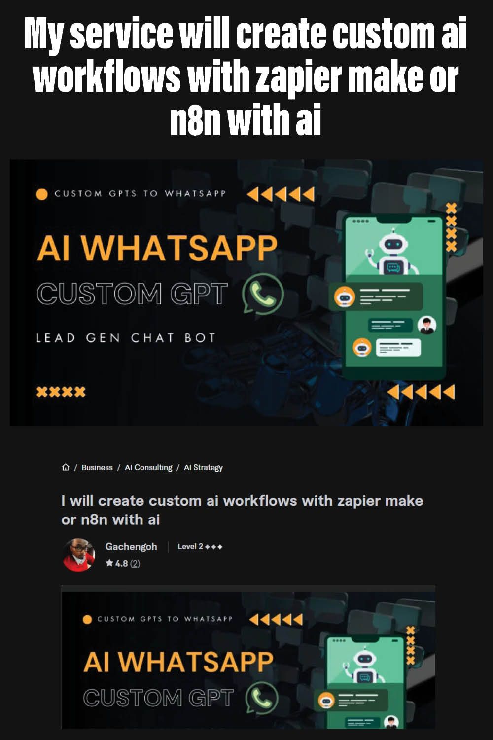 My service will create custom ai  workflows with zapier make or n8n with ai